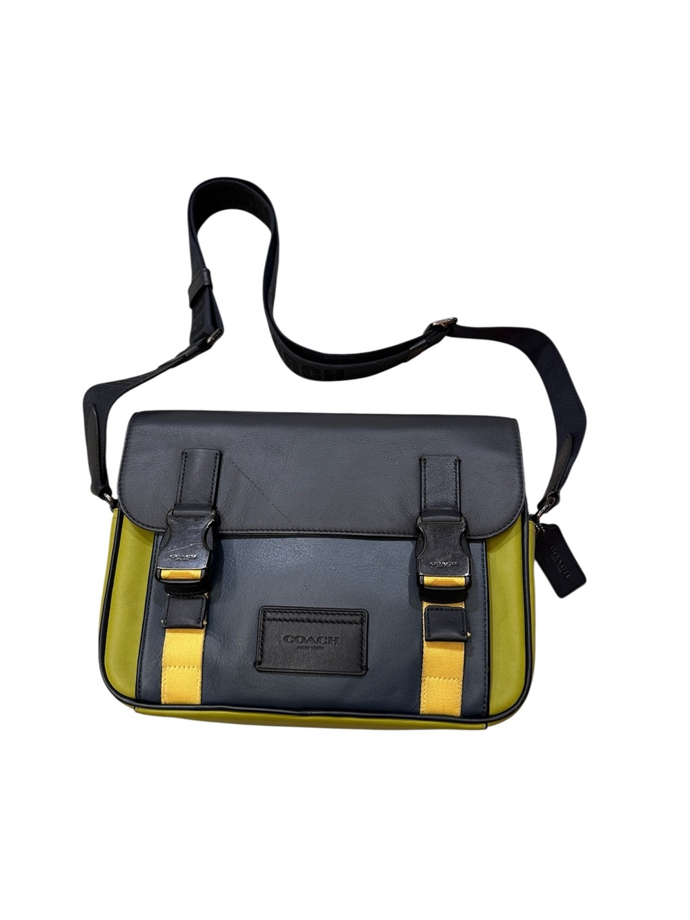 Coach C8131 Track Men’s Crossbody Messenger Bag Navy Lime Green Smooth Leather